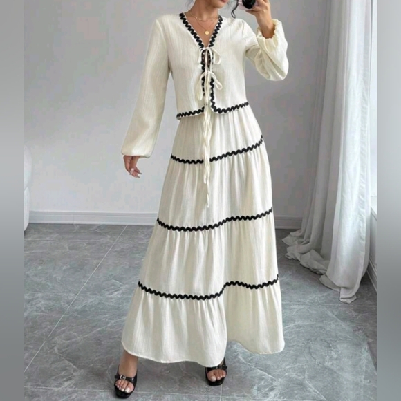2pcs/Set Elegant French-Style Lantern Sleeve Ruffled Bowknot Dress & Skirt - Picture 1 of 5